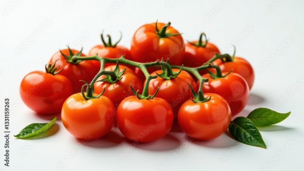 A cluster of ripe red tomatoes on the vine, showcasing their vibrant color and freshness, enhanced by a few green leaves adding a touch of nature's elegance.
