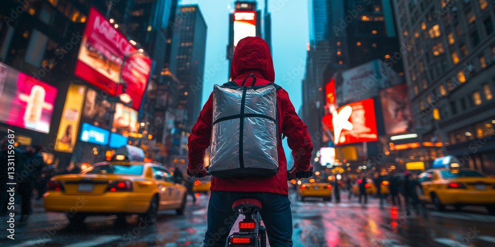 Obraz premium Courier riding bicycle delivering food in times square new york city