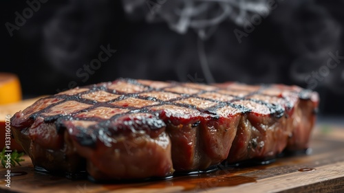 Grilled Steak with Perfect Marks and Smoke on Wooden Board