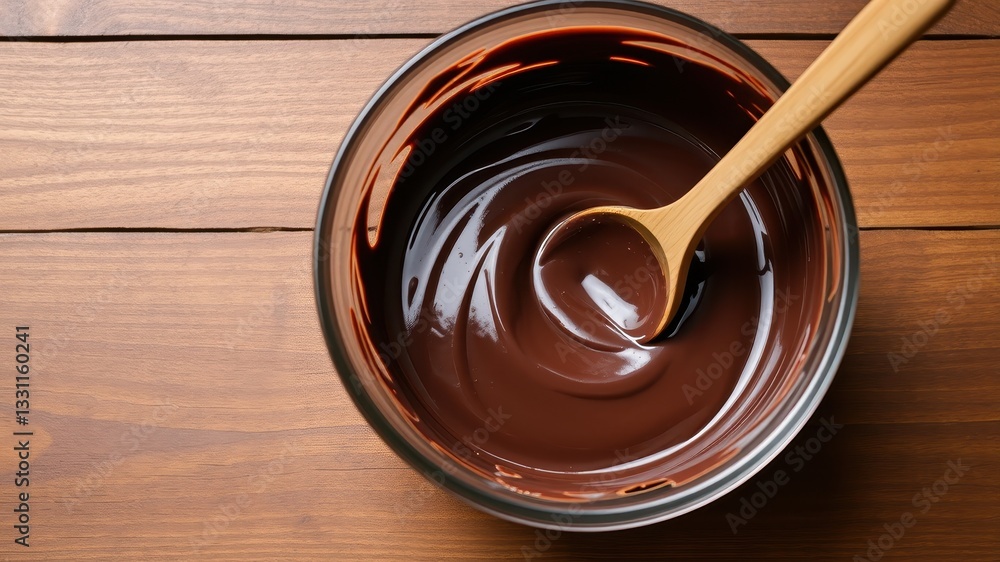 Smooth Glossy Melted Chocolate in Bowl with Wooden Spoon Smooth Glossy Melted Chocolate in Bowl with Wooden Spoon