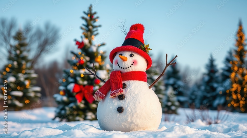 Fototapeta premium Cheerful Snowman Surrounded by Snowy Trees and Holiday Decor