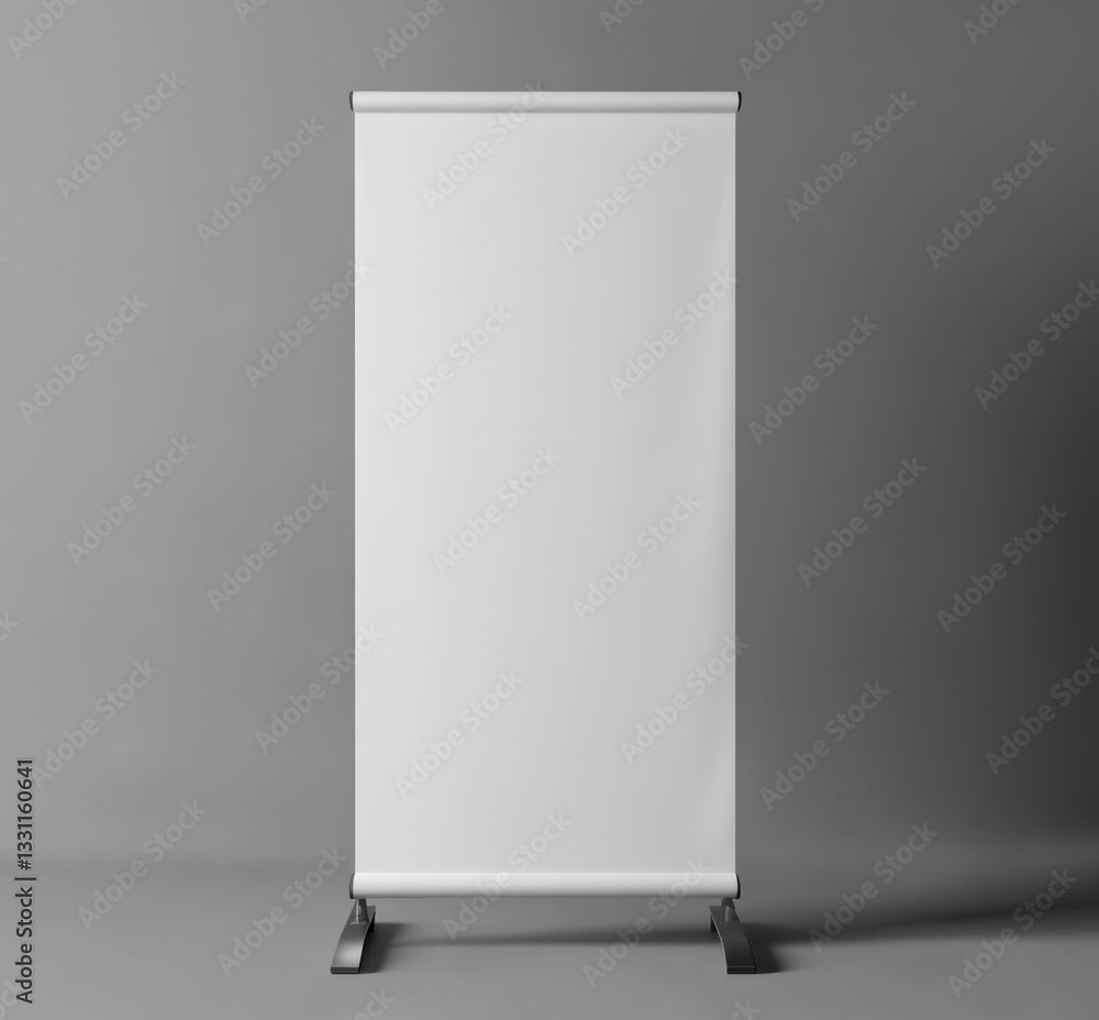 Standing Roll Up Banner Mockup on Gray Backdrop for Advertising Standing Roll Up Banner Mockup on Gray Backdrop for Advertising