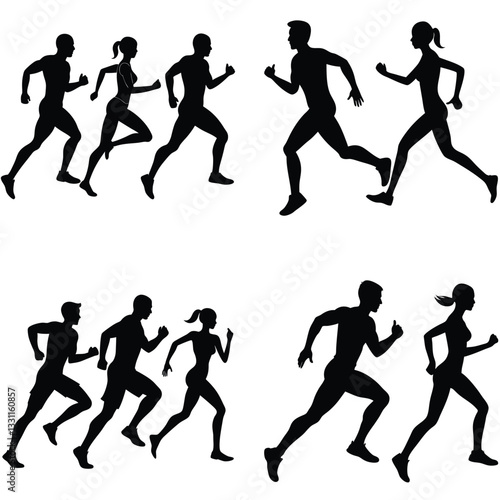 Set of silhouettes highlighting athletic groups composed of male and female runners, showcasing teamwork, competition, endurance, physical fitness, and synchronized running movements