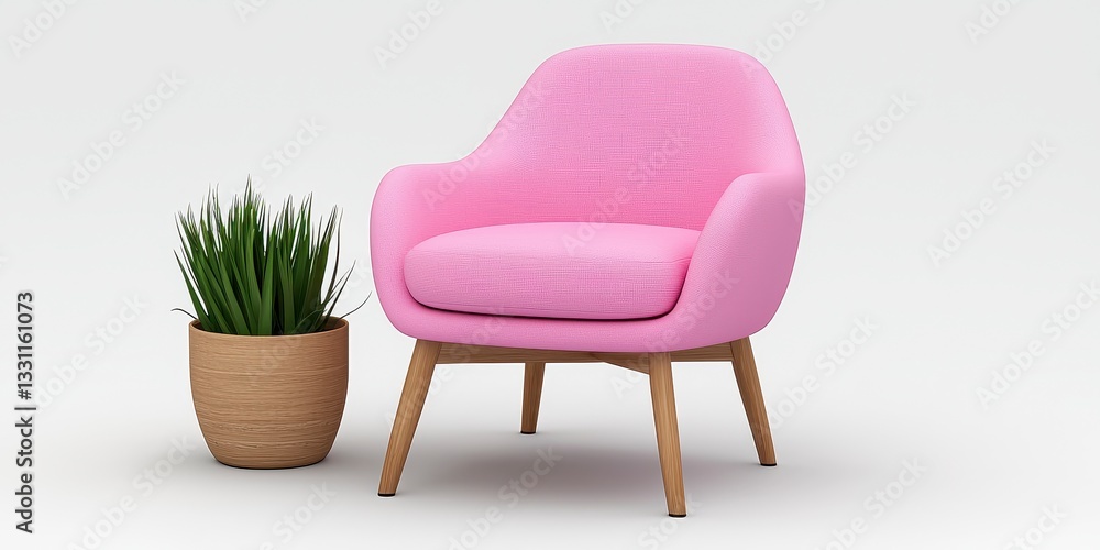 Fototapeta premium Charming pink chair surrounded by lush green potted plants creating a cozy and inviting home atmosphere