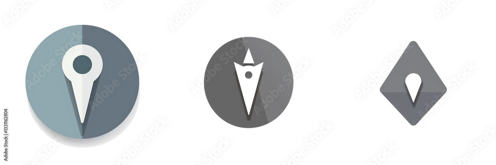Three flat map marker icons of different shapes are displayed against a white background isolated on white or transparent Three flat map marker icons of different shapes are displayed against a white background isolated on white or transparent