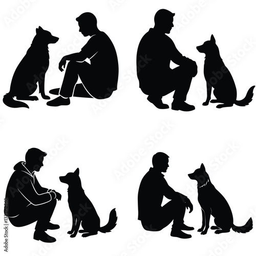 Silhouette illustration of a man sitting and deeply connecting with his dog, portraying companionship and friendship