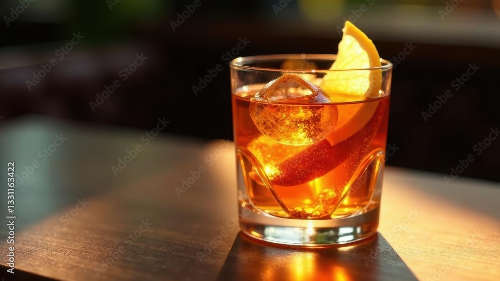 A refreshing amber beverage in a rocks glass, garnished with a citrus wedge, sits on a wooden surface, illuminated by warm sunlight. A refreshing amber beverage in a rocks glass, garnished with a citrus wedge, sits on a wooden surface, illuminated by warm sunlight.