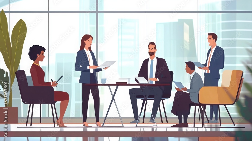 A modern office setting featuring a diverse group of professionals engaged in a meeting, with large windows providing a view of the cityscape. A modern office setting featuring a diverse group of professionals engaged in a meeting, with large windows providing a view of the cityscape.