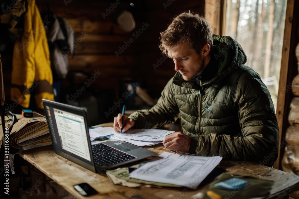 A focused individual working on a laptop surrounded by documents in a rustic cabin setting. A focused individual working on a laptop surrounded by documents in a rustic cabin setting.