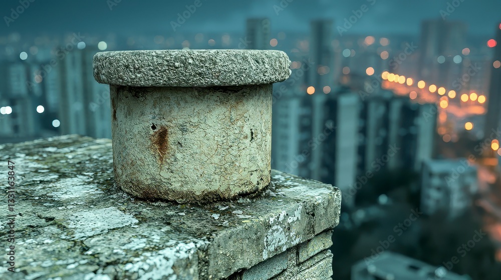 Fototapeta premium Weathered Stone Chimney Top at Night, City Lights Blurred Background