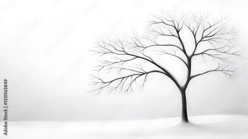 Obraz premium A winter tree drawing with bare branches covered in a light dusting of snow, elegantly rendered in fine pencil shading.
