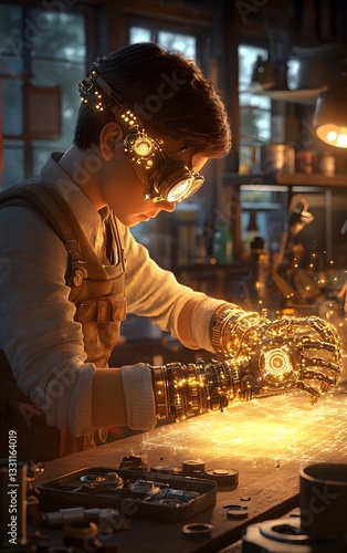 A steampunk inventor adjusting their intricate mechanical gauntlet in a cluttered workshop