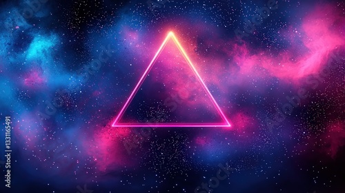 glowing neon triangle floats in vibrant cosmic space filled with stars