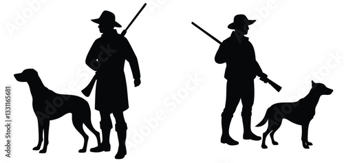 Illustrative silhouettes of hunters standing with their hunting dogs, clearly depicting traditional hunting attire, rifles, and outdoor companionship, isolated on a white background