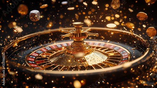 A close-up view of a roulette wheel with chips and dice, capturing the excitement and glamour of a casino atmosphere.