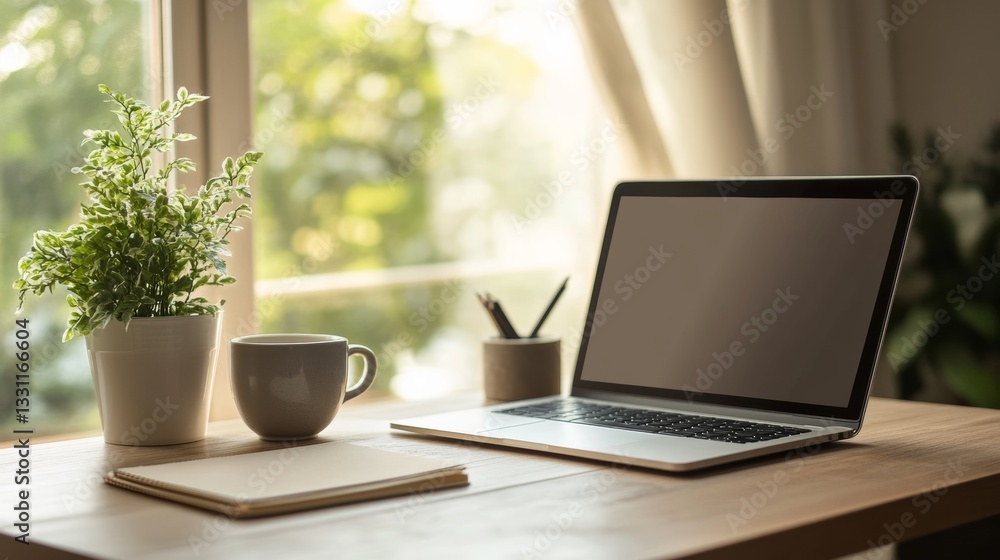 A clean, minimalist workspace with a sleek wooden desk, MacBook laptop, stylish notebook, and a cup of coffee, with soft natural light and neutral color tones. A clean, minimalist workspace with a sleek wooden desk, MacBook laptop, stylish notebook, and a cup of coffee, with soft natural light and neutral color tones.