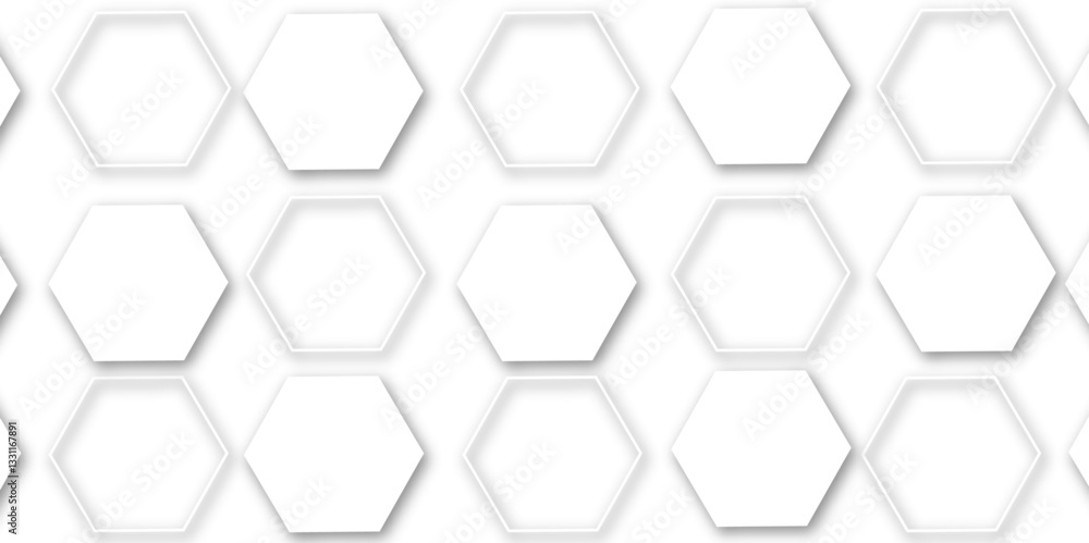 Fototapeta premium Abstract geometric technology 3d white bright hexagon polygonal honeycomb luxury pattern vector background.