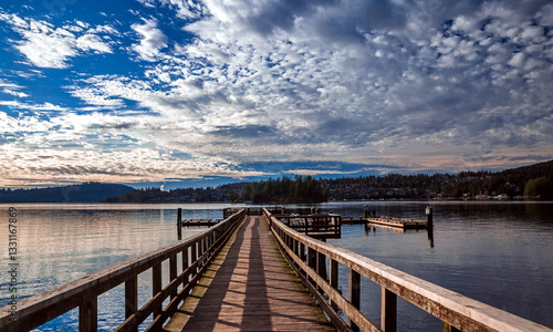  Belcarra Regional Park, Pier on the bay shore against the backdrop of a ridge and cloudy sky, a small village on the opposite bank, floating docks on the sides of the pier photo