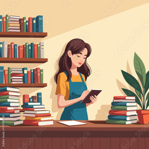 Student engaging in customer service at bookstore counter, learning experience
