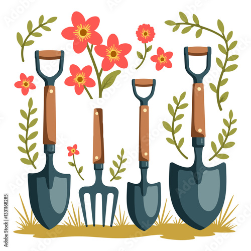 Gardening tools with floral elements, artistic nature design