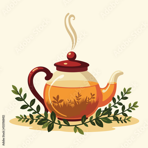 Steaming teapot with herbs on a soft background, herbal infusion