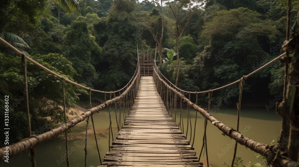 Rustic Rope Bridge Across Lush Jungle River Rustic Rope Bridge Across Lush Jungle River