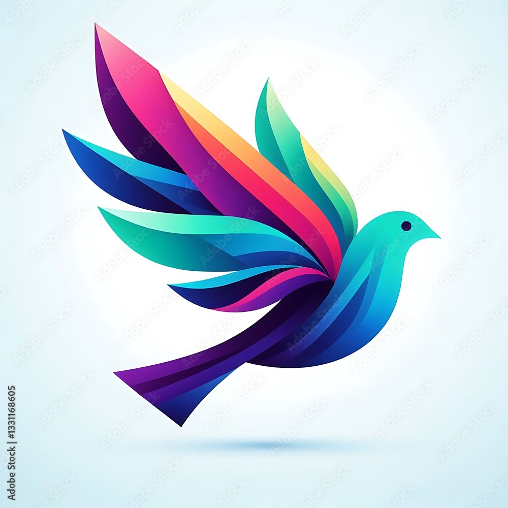 Obraz premium A Vibrant Rainbow-winged Dove Soaring Through A Bright Sky, Symbolizing Hope And Freedom With Smooth Gradients And A Clean Background