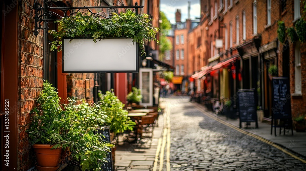 Cobblestone street with outdoor seating and blank sign Cobblestone street with outdoor seating and blank sign