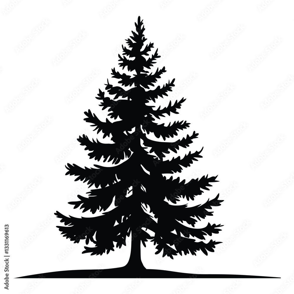 Fototapeta premium Pine tree Silhouette, Vector, Icon, Logo, White Background.