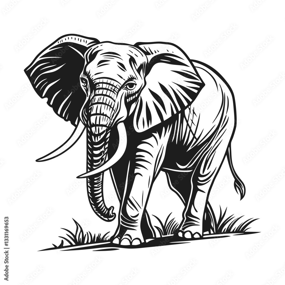 Obraz premium Elephant vector illustration design, detailed vector, hand drawn style, monochrome design, isolated on a white background