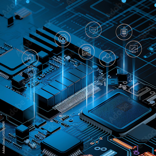 Futuristic Technology Stock Images. Big data flow with cyber blockchain on a circuit board with dark blue network system