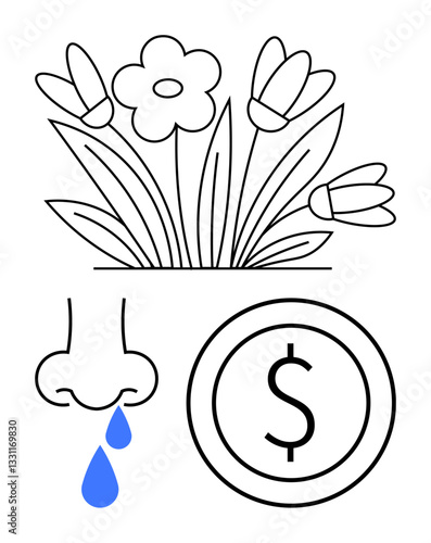 Flowers and nose indicate allergy triggers with water droplets for symptoms, paired with dollar for financial impact. Ideal for health, environment, spring, expenses, medical care, awareness, flat