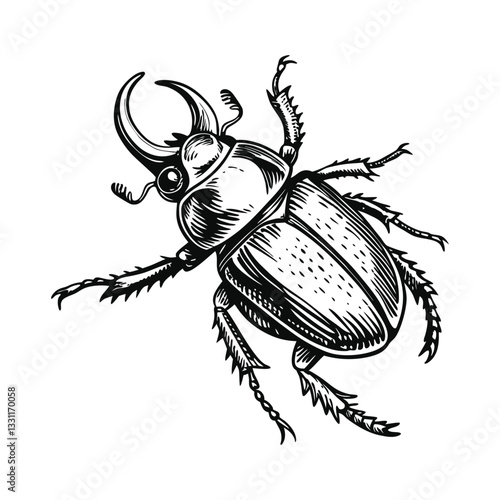 Beetle vector illustration, highly detailed vector, hand drawn style, monochrome design, isolated on a white background