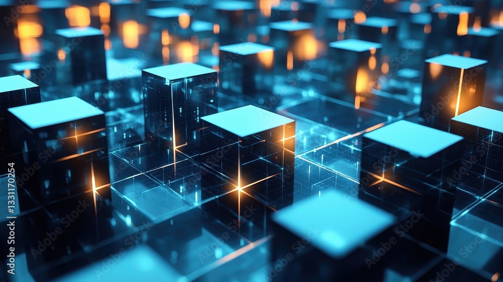 A visually striking abstract representation of glowing, translucent cubes arranged in a grid pattern, creating a futuristic digital landscape. A visually striking abstract representation of glowing, translucent cubes arranged in a grid pattern, creating a futuristic digital landscape.