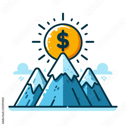 Dollar coin shining above snowy mountains. Vector illustration representing peak investment performance, financial heights and market summit concepts.