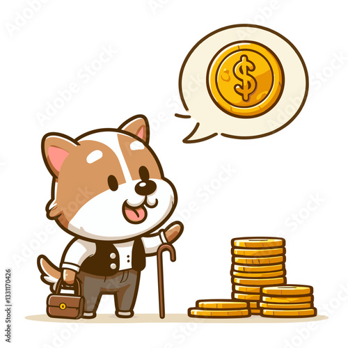 Business dog consultant with coin stack and speech bubble. Vector illustration ideal for financial advice, money management and investment counseling concepts.