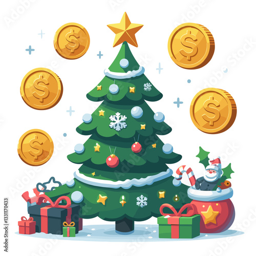 Christmas tree with coins, presents and Santa. Vector illustration perfect for holiday finances, seasonal investing and end-of-year budget concepts.