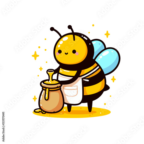 Cheerful bee with honey pot. Vector illustration representing sweet profits, productive investments and natural wealth creation business concepts.