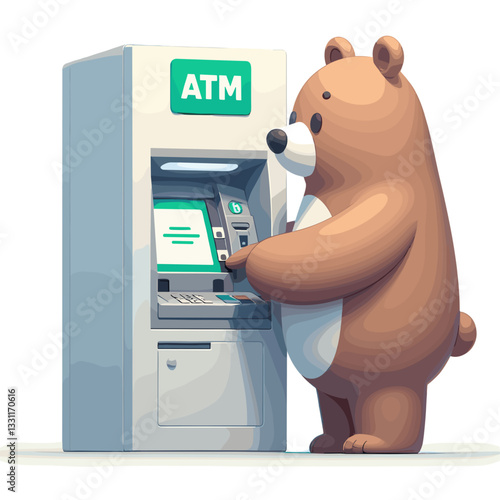 Bear using ATM machine with bank card. Vector illustration ideal for banking services, financial technology and cash withdrawal concepts.