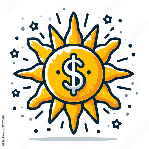 Shining dollar coin with sun rays and stars. Vector illustration representing bright financial future, prosperity and wealth abundance concepts.