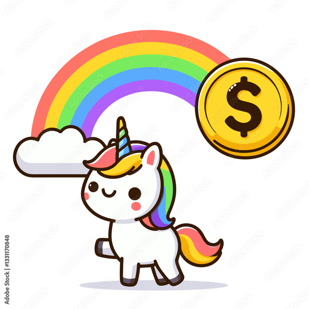 Naklejka premium Unicorn with dollar coin and rainbow. Vector illustration representing mythical investments, magical profits and fantasy financial returns concepts.