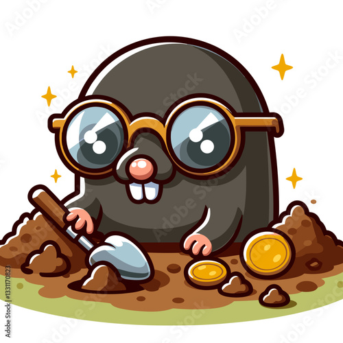 Mole with glasses finding gold coins underground. Vector illustration perfect for hidden treasure, unexpected wealth and resource discovery concepts.