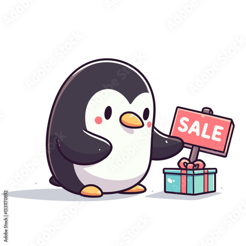 Penguin holding sale sign with wrapped gift. Vector illustration representing discount shopping, promotional pricing and budget-conscious purchasing concepts.