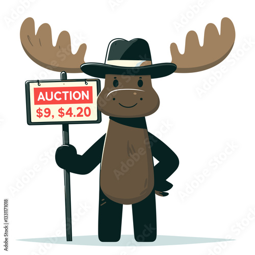 Moose auctioneer with price sign. Vector illustration perfect for bidding markets, value determination and competitive pricing strategy concepts.