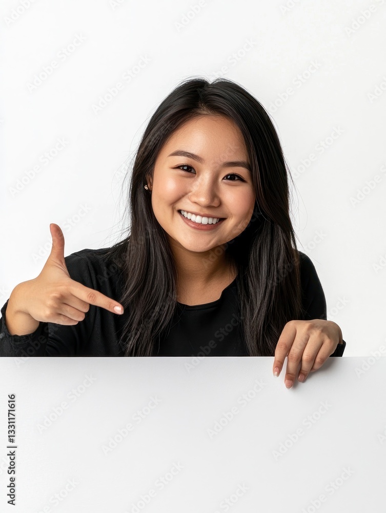 Smiling Asian Woman Pointing at Blank White Board for Advertisement