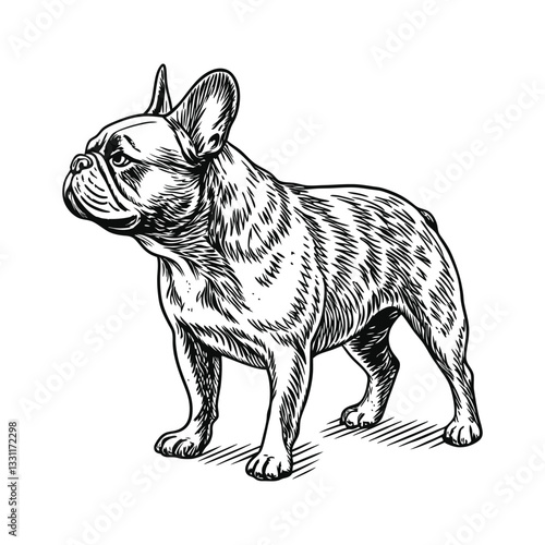 French bulldog vector illustration, detailed vector, pencil sketch illustration, monochrome design, isolated on a white background