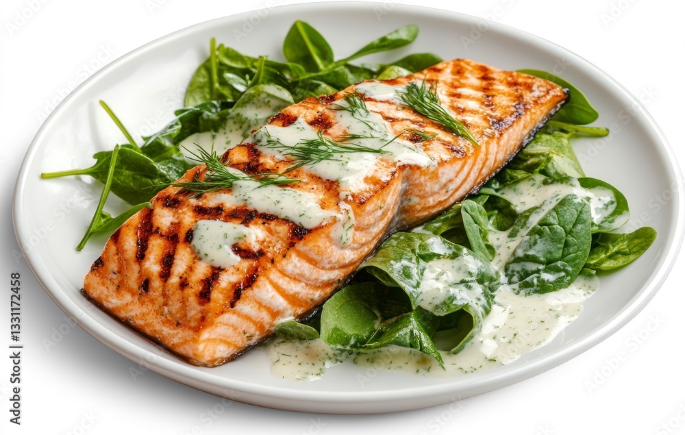 Grilled Salmon Fillet on Spinach Salad with Creamy Dill Sauce Grilled Salmon Fillet on Spinach Salad with Creamy Dill Sauce