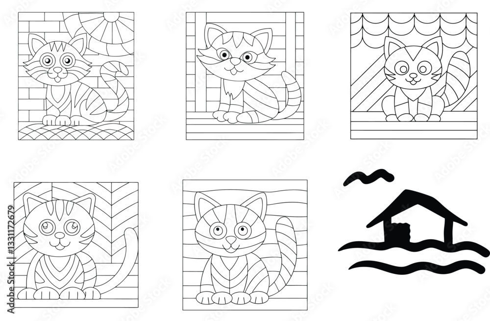 Fototapeta premium Cute Cat Coloring Pages: Printable Kitten Line Art for Kids & Adults, Black and White Animal Illustrations, Feline Themed Activity Sheets