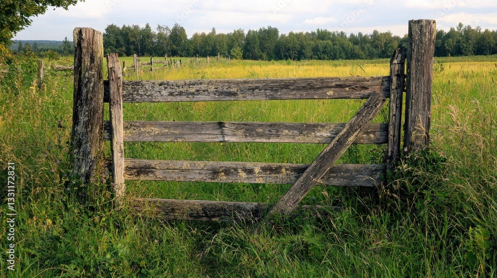 A rustic wooden gate stands in a lush green field under a clear sky, inviting exploration of the serene landscape beyond. A rustic wooden gate stands in a lush green field under a clear sky, inviting exploration of the serene landscape beyond.