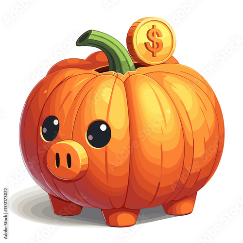 Pumpkin piggy bank with gold coin on top. Vector illustration ideal for seasonal savings, harvest finances and autumn budget planning concepts.